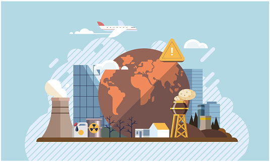 Industrial pollution. Dirty waste. Environmental pollution. Vector illustration. Smokes with smog are affecting visibility on roads Trash emission is contributing to destruction natural habitats