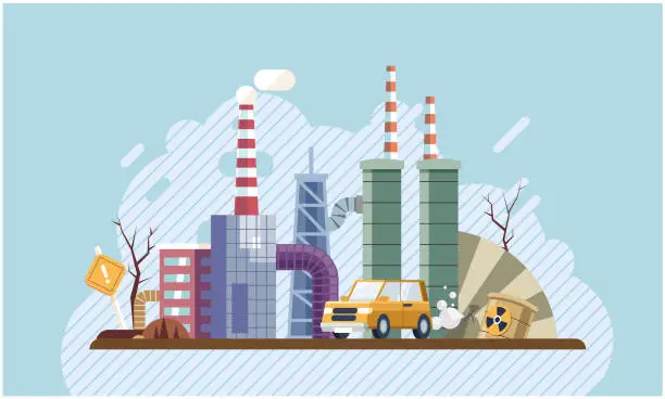 Vector illustration of Industrial pollution. Vector. Dirty waste dumping is crime against nature