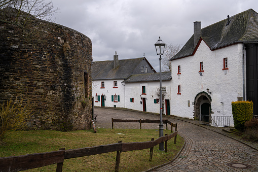 Hellenthal, Germany - February 9, 2024: Panoramic image of Reifferscheid castle on February 9, 2024 in North Rhine Westfalia, Germany