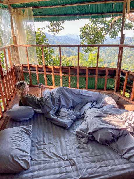 istock One woman enjoying nature from a bed in a tree house 2080457012