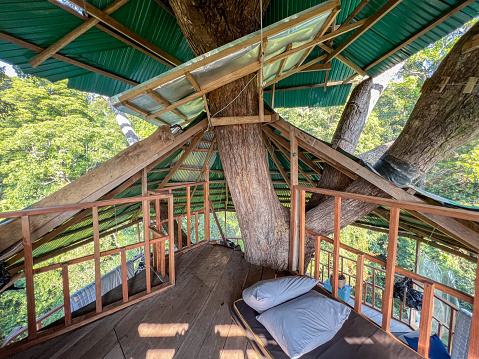 The tree house in Laos offers a rustic escape amidst the jungle canopy, providing stunning views and a peaceful retreat in nature.