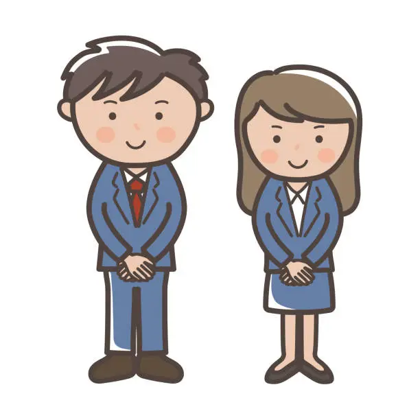 Vector illustration of Illustration of a male and female businessman standing facing forward with their hands folded_Navy suit