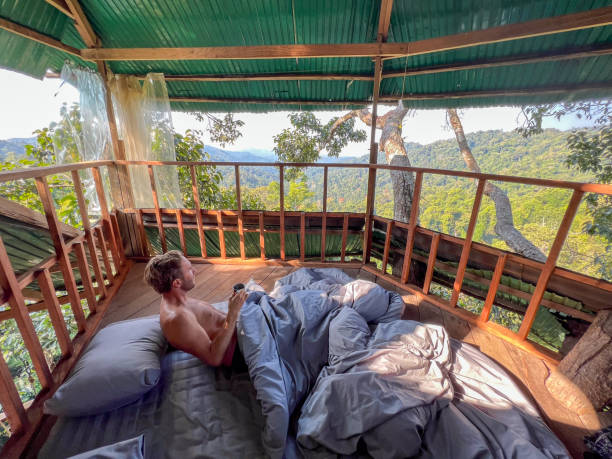 istock One man enjoying nature from his bed in a tree house 2080458078