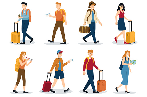 Collection set of Tourist characters with backpack, bag, and suitcases. woman and man traveler vacation people isolated vector Illustration.