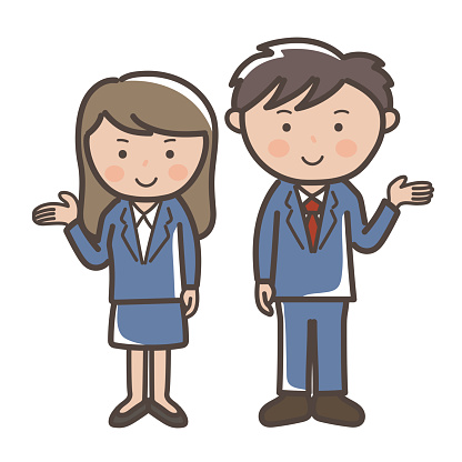 Illustration of male and female businessmen in suits giving explanations and guidance_Navy suits