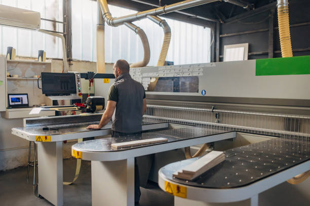 istock Back view of a worker using an industrial cutting machine for automatic wood cutting 2080461252