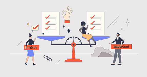 Prioritization method for effective time management retro tiny person concept. Productive work with agenda and schedule priority comparison as urgent and important tasks division vector illustration.