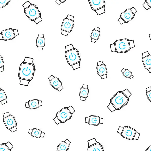 Vector illustration of Smartwatch with power button. Seamless pattern. Line icons on white background