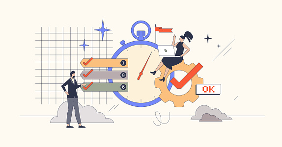 Productivity tools for effective or productive work retro tiny person concept. Professional job tasks management and just in time performance before deadline vector illustration. Workplace efficiency