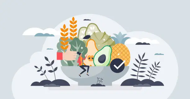 Vector illustration of Plant forward diet with vegetables, seeds and lettuce tiny person concept