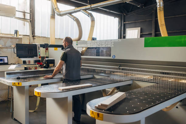 istock Back view of a carpenter using an industrial cutting machine for automatic wood cutting 2080486699
