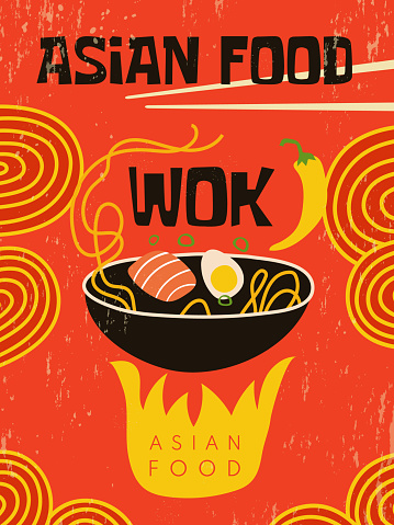Asian food poster. Placard for restaurant menu with place for text. East restaurant, asian chinese food illustration, wok poster vector