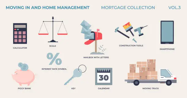 Vector illustration of Moving in and new home management elements in tiny mortgage collection