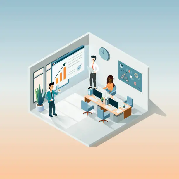 Vector illustration of Collaborative Teamwork in a High-Tech Modern Office Isometric