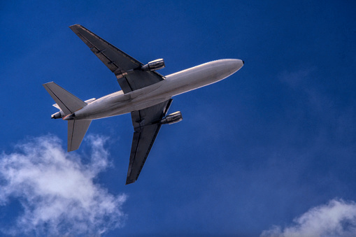 Passenger plane on blue sky background,