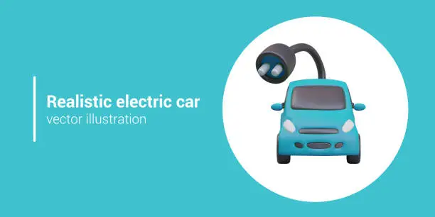 Vector illustration of Realistic electric car with plug. 3D blue car in cartoon style