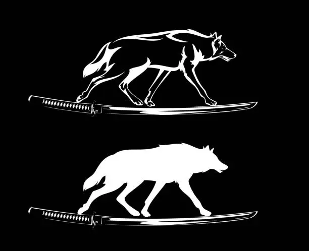 Vector illustration of running wolf and samurai katana sword vector black and white design set