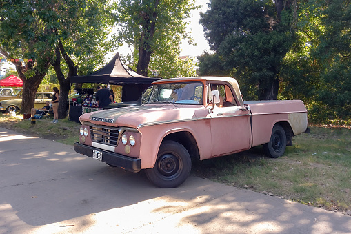Remedios de Escalada, Argentina - Feb 11, 2024: Old aged 1962 Desoto 100 pickup truck under the trees at a classic car show in a park.
