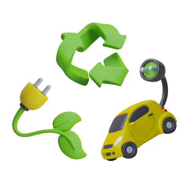 Vector illustration of Recycling sign, car with charger, plant with plug. Concept of using green energy