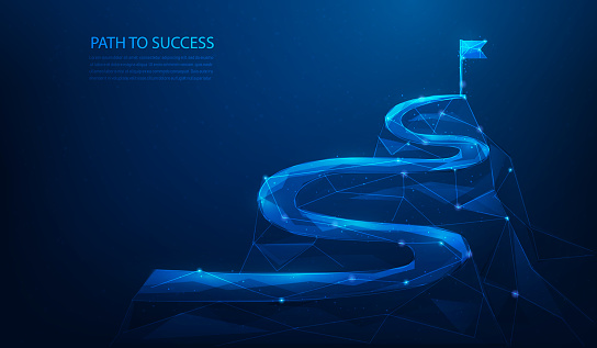 business route to success to goal technology on blue background. leadership vision and goal. target business mission.achievement mountain and flag on peak. vector illustration fantastic.