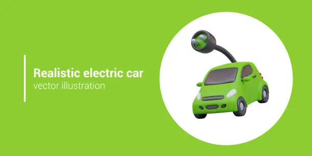 Vector illustration of Realistic electric car with plug. Green alternative fuel vehicle