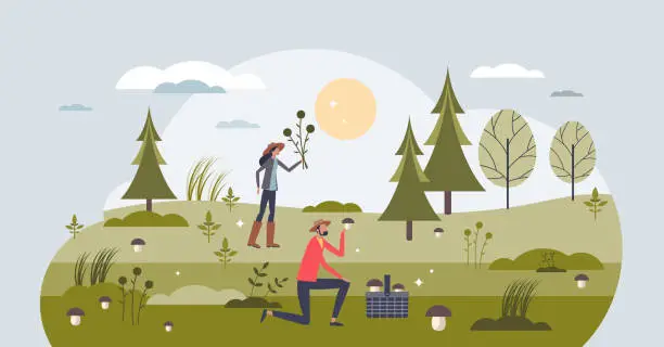 Vector illustration of Foraging and wildcrafting as outdoor activity in forest tiny person concept