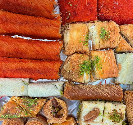 Assorted Middle Eastern Baklava Delights. A Colorful Array of Sweet, Nutty Pastries. Top View
