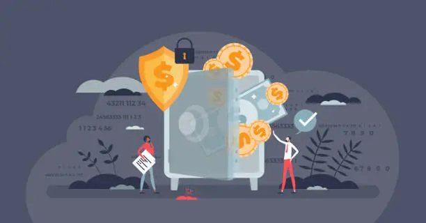 Vector illustration of Financial security as safe money digital wallet deposit tiny person concept