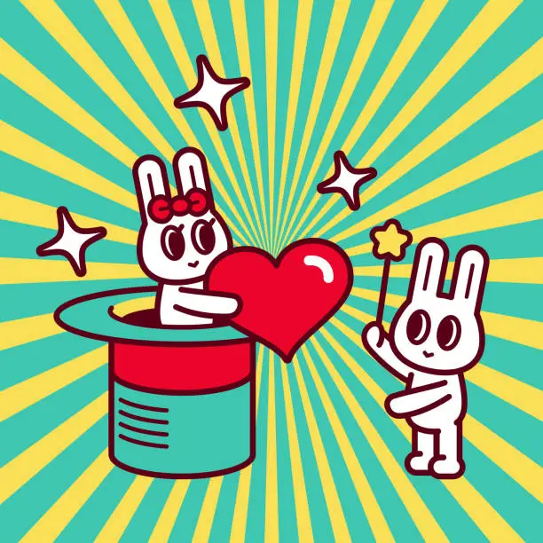 Vector illustration of A cute bunny is waving a magic wand, and a female bunny with a Love Heart popping out of a big magic hat