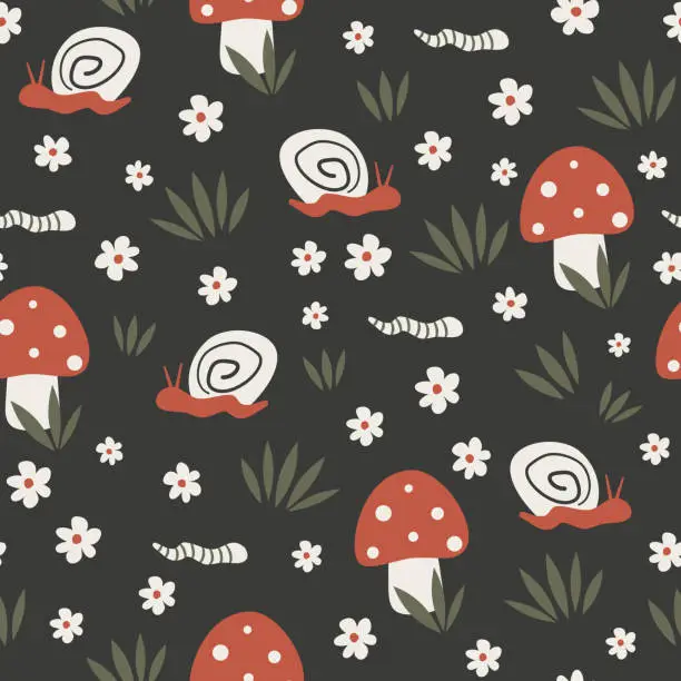 Vector illustration of Cute cartoon hand drawn seamless vector pattern illustration with snail, daisy flowers, red mushrooms, worm and leaves on dark background
