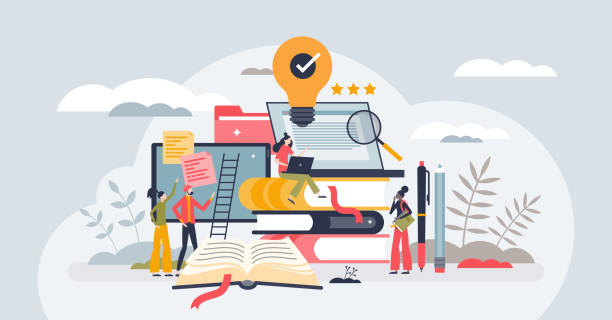 Innovation in education for effective and smart knowledge tiny person concept Innovation in education for effective and smart knowledge tiny person concept. Innovative technology usage in school, university or e-learning systems vector illustration. Study and development. post secondary education stock illustrations