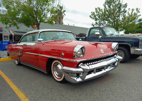 Montreal, California, USA - July 28th, 2018: Vintage stylish car expo in a town square in the center, attracting tourists and car lovers