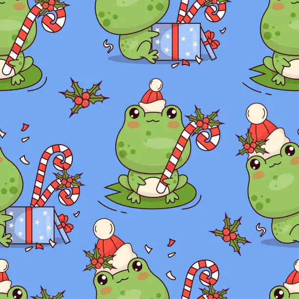 Vector illustration of Seamless pattern with Christmas frogs with striped candy cane with holly and gift box on blue background. Cute festive kawaii animal character. Vector illustration. Kids collection.