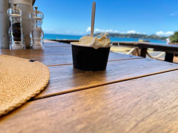 istock Vanilla bean Ice Cream on a wooden table at the sea side 2080630478