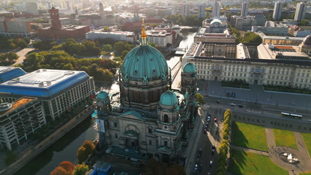 4K Aerial view Real time Footage of Berlin cathedral and Television tower which is panoramic view, architectural dome, Berlin, Germany
