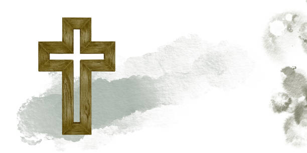 istock Wooden Christian cross with watercolor dynamic spot on background.The hand-painted catholic or orthodox symbol for the first community,baptism,and Easter.For Wedding invites,Religious illustration. 2080640513