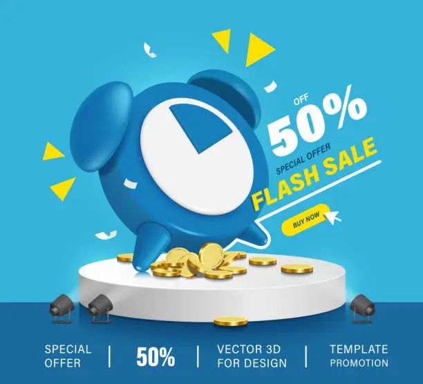 Vector illustration of flash sale promotion ,blue alarm clock announces a limited time flash sale promotion of 50% off, and it's all on white round podium with spotlights shining on it, vector 3d for advertising design