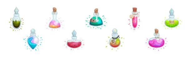 Vector illustration of Glass Bottles and Jars with Potion Corked with Bottle Cap Vector Set