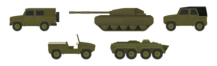 Military Machine and Armored Vehicle for Off-road Track Vector Set. Defense Transportation for Combat Side View Concept