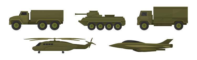 Military Machine and Armored Vehicle for Off-road Track with Aircraft Vector Set. Defense Transportation for Combat Side View Concept