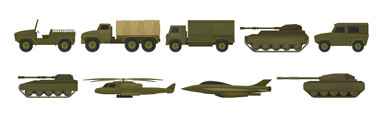 Military Machine and Armored Vehicle for Off-road Track with Aircraft Vector Set. Defense Transportation for Combat Side View Concept