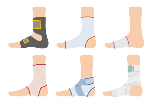 ilustrações de stock, clip art, desenhos animados e ícones de foot bandage types elastic wrap compression brace ankle and arch support set vector flat - human foot pain white background isolated