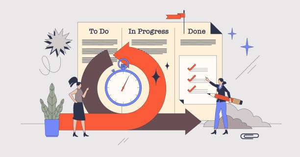 Scrum framework methodology for work organization retro tiny person concept Scrum framework methodology for work organization retro tiny person concept. Agile and effective method for project management and continuous improvement vector illustration. Implementation model. scrum stock illustrations