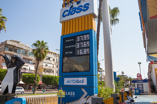 Turkey (Turkiye), Alanya, 08.09.2023: Gas filling station in Turkiye. Autogas prices in Alanya.