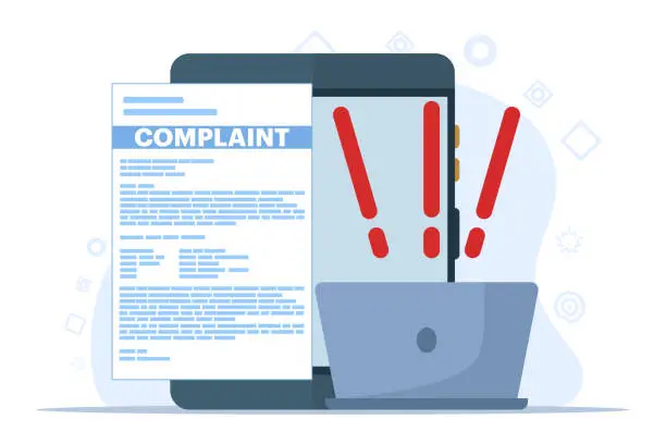 Vector illustration of concept of online complaint, Claim petition, Dislike, Bad user experience, Bad review, Negative feedback, Action to resolve the problem. Flat illustration vector template.
