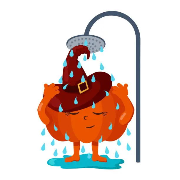 Vector illustration of Funny cute kawaii Halloween pumpkin with witch hat washes in the shower