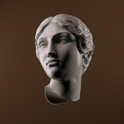 Antique woman head sculpture, girl face statue 3d rendering.