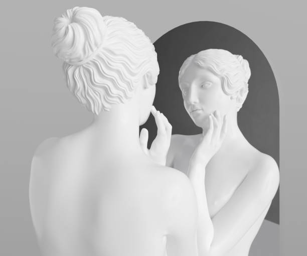 istock sculpture of a woman looking in the mirror, beauty routine creative concept. 3d rendering 2080693515
