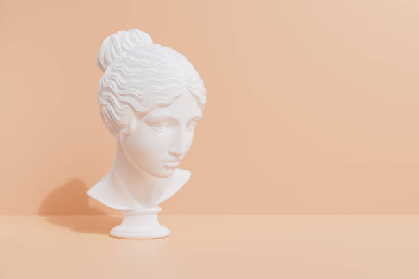 istock Marble head woman sculpture in empty studio room, ancient Greek statue goddess face bust 3d rendering 2080695652