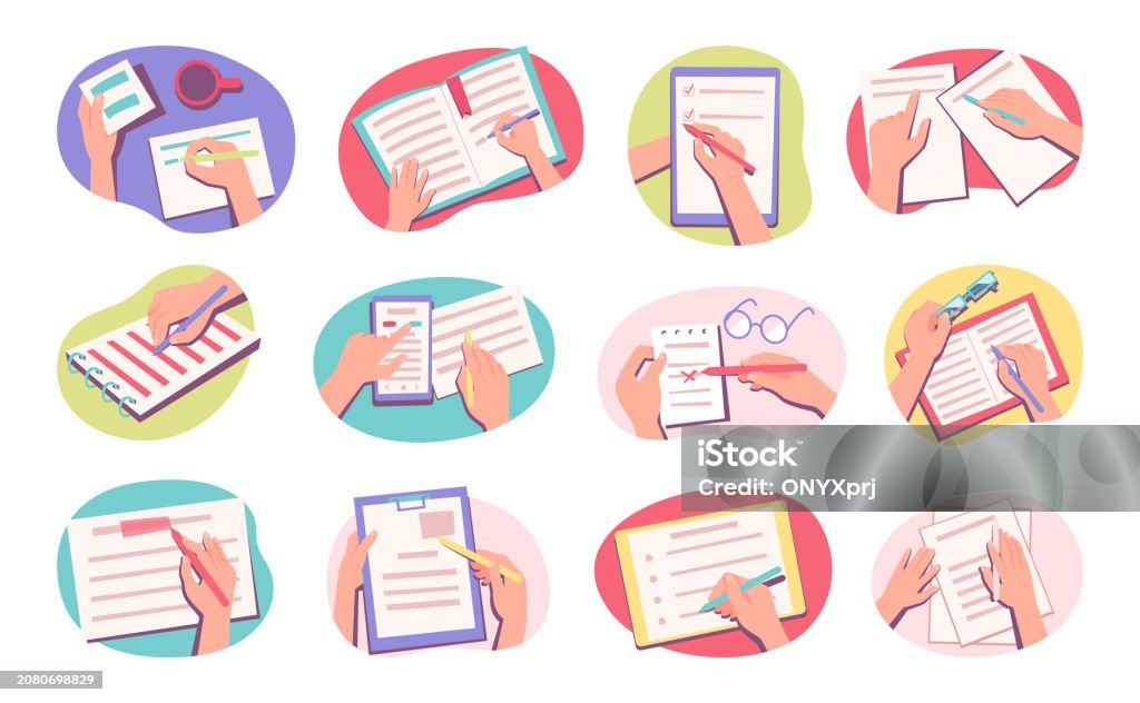 Making Notes Hand Holding Pencils And Writing Notes Exact Vector ...